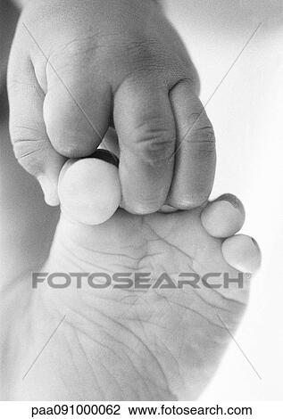 Baby's hand on foot, close-up, b&w View Large Photo Image Stock Image - Baby's hand on foot, close-up, b&w. Fotosearch