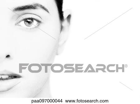 Woman's face, partial view, close-up, portrait, B&W View Large Photo Image Picture - Woman's face, partial view, close-up, portrait, B&W. Fotosearch