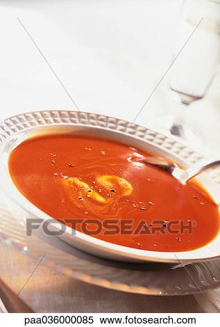 Bowl of tomato soup, close-up View Large Photo Image Stock Photography - Bowl of tomato soup, close-up. Fotosearch