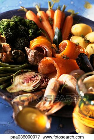 Large plate full of vegetables and seafood, close-up View Large Photo Image Stock Photo - Large plate full of vegetables and seafood, close-up. Fotosearch