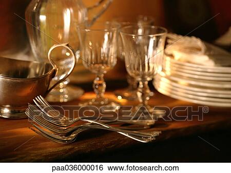 Tableware on table, close-up View Large Photo Image Stock Photograph - Tableware on table, close-up. Fotosearch