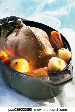 Whole chicken in deep casserole dish with vegetables, close-up View Large Photo Image Stock Image - Whole chicken in deep casserole dish with vegetables, close-up. Fotosearch