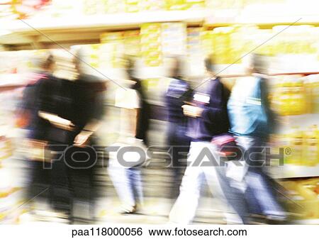 People walking and shelves in grocery store, superimposed image, blurred View Large Photo Image Stock Photograph - People walking and shelves in grocery store, superimposed image, blurred. Fotosearch