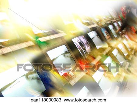 Stock Image - Televisions lined up in store, blurred, tilt. Fotosearch
