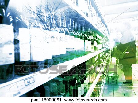 Stock Image - Wine bottles on shelves, superimposed pictures. Fotosearch