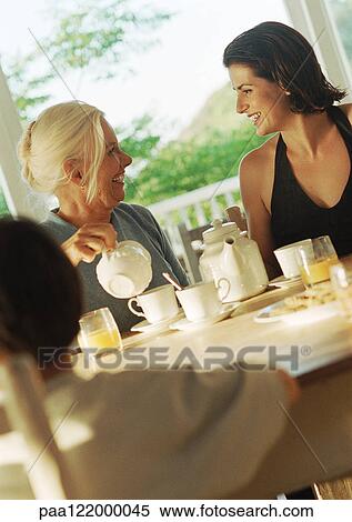 Two women and child having breakfast, side view View Large Photo Image Stock Photography - Two women and child having breakfast, side view. Fotosearch