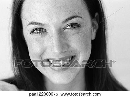 Woman smiling, close-up, b&w, portrait View Large Photo Image Stock Photography - Woman smiling, close-up, b&w, portrait. Fotosearch
