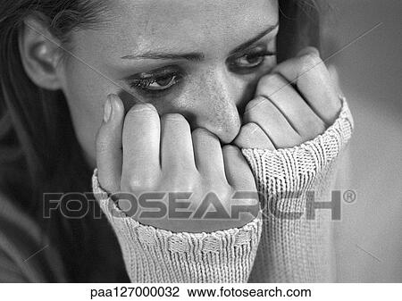Woman with hands covering lower face, close-up, b&w View Large Photo Image Stock Image - Woman with hands covering lower face, close-up, b&w. Fotosearch