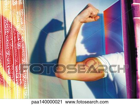 Clip Art - Arm flexing, emerging from computer monitor, "@" symbol on bicep, digital composite.. Fotosearch