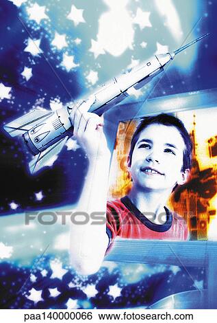 Boy emerging from computer screen, holding space rocket, digital composite. View Large Illustration Stock Illustration - Boy emerging from computer screen, holding space rocket, digital composite.. Fotosearch