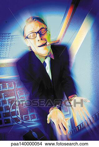 Stock Illustration - Businessman in handcuffs, smoking cigar, digital composite.. Fotosearch