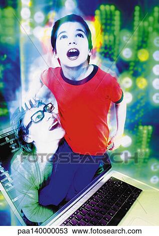 Child emerging from laptop entering into cyberspace, man lifting child, digital composite. View Large Illustration Drawing - Child emerging from laptop entering into cyberspace, man lifting child, digital composite.. Fotosearch