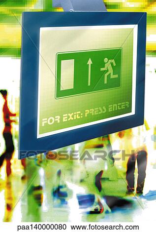 Computer, "For Exit: Press Enter" message on screen, digital composite. View Large Illustration Clipart - Computer, "For Exit: Press Enter" message on screen, digital composite.. Fotosearch