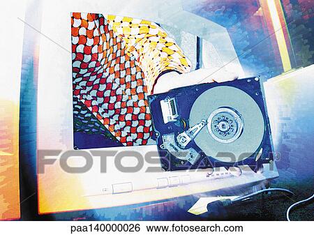 Computer hard disc drive in front of computer monitor, digital composite. View Large Illustration Stock Illustration - Computer hard disc drive in front of computer monitor, digital composite.. Fotosearch