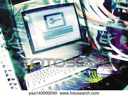 Clipart - Computer with key on screen, digital composite.. Fotosearch