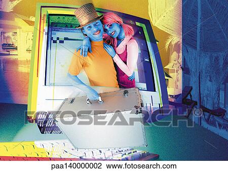Drawing - Couple coming out of computer monitor, digital composite. Fotosearch