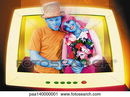 Clip Art - Couple coming out of television screen, digital composite. Fotosearch