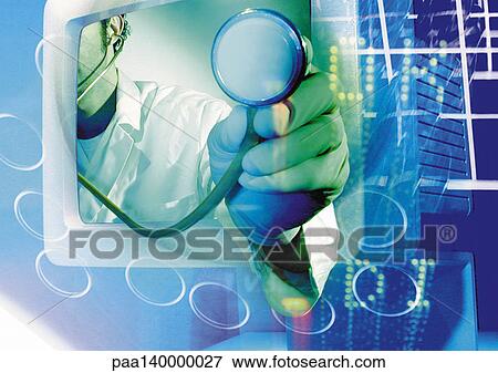 Doctor's arm emerging from computer monitor, holding stethoscope, digital composite. View Large Illustration Stock Illustration - Doctor's arm emerging from computer monitor, holding stethoscope, digital composite.. Fotosearch