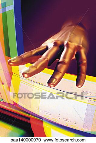 Clipart - Hand emerging from computer monitor, digital composite.. Fotosearch