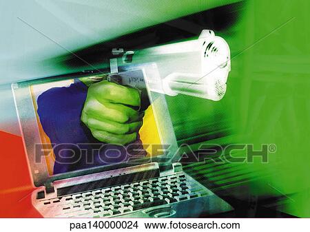 Hand holding gun, emerging from laptop screen, digital composite. View Large Illustration Stock Illustration - Hand holding gun, emerging from laptop screen, digital composite.. Fotosearch
