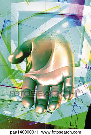 Hand, palm up, emerging from computer screen, digital composite. View Large Illustration Clip Art - Hand, palm up, emerging from computer screen, digital composite.. Fotosearch
