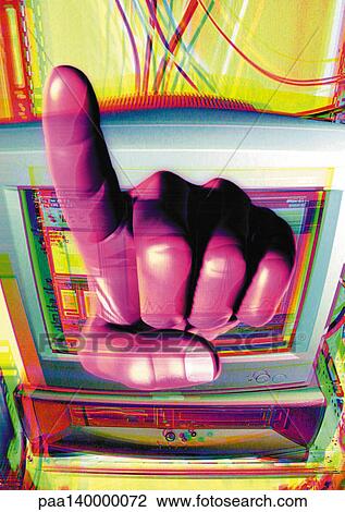 Drawing - Hand pointing finger, emerging from computer monitor, digital composite.. Fotosearch
