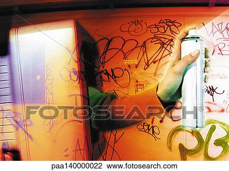 Drawing - Hand spraying aerosol, emerging from computer monitor, digital composite.. Fotosearch