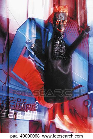 Hand wearing puppet emerging from computer screen, digital composite. View Large Illustration Stock Illustration - Hand wearing puppet emerging from computer screen, digital composite.. Fotosearch