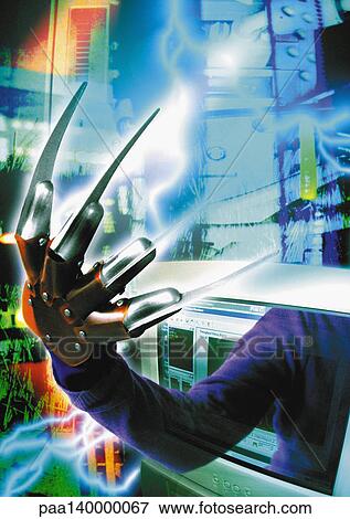 Hand with claws emerging from computer screen, digital composite. View Large Illustration Stock Illustration - Hand with claws emerging from computer screen, digital composite.. Fotosearch