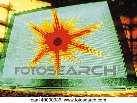 Laptop with exploding bomb on screen, digital composite. View Large Illustration Stock Illustration - Laptop with exploding bomb on screen, digital composite.. Fotosearch