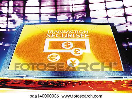 Stock Illustration - Laptop with international currency symbols on screen, digital composite.. Fotosearch