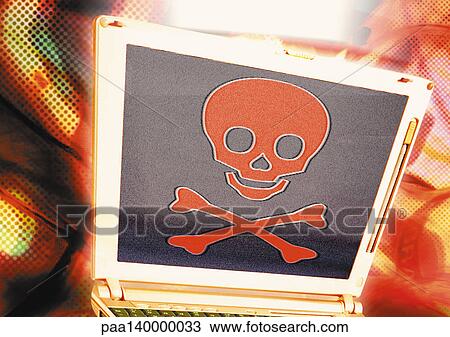 Laptop with skull and crossbones, digital composite. View Large Illustration Drawing - Laptop with skull and crossbones, digital composite.. Fotosearch