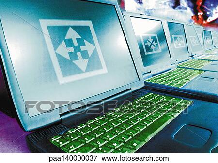 Stock Illustration - Laptops in a row, digital composite.. Fotosearch