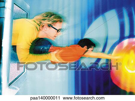 Clip Art - Man and boy emerging from monitor, man holding boy, digital composite.. Fotosearch