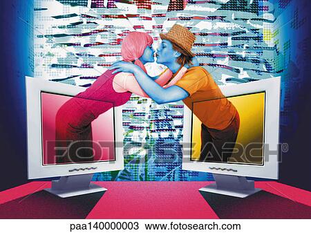Man and woman each emerging from a computer screen, kissing each other, digital composite View Large Illustration Drawing - Man and woman each emerging from a computer screen, kissing each other, digital composite. Fotosearch
