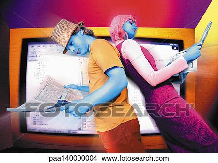 Man and woman reading newspapers back to back in front of monitor, digital composite View Large Illustration Stock Illustration - Man and woman reading newspapers back to back in front of monitor, digital composite. Fotosearch