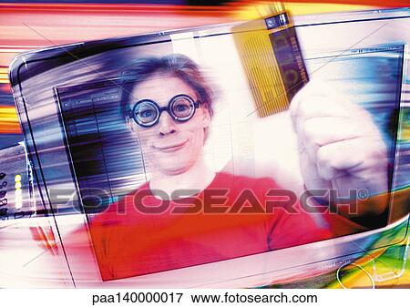 Stock Illustration - Man smiling, holding credit card, digital composite.. Fotosearch