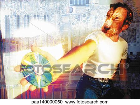 Clipart - Man with animal head holding CD, digital composite.. Fotosearch