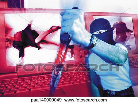 Masked man holding dagger, laptops with murder victims on screen in background, digital composite. View Large Illustration Stock Illustration - Masked man holding dagger, laptops with murder victims on screen in background, digital composite.. Fotosearch