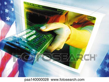 Woman's hand emerging from computer monitor, holding remote control, digital composite. View Large Illustration Stock Illustration - Woman's hand emerging from computer monitor, holding remote control, digital composite. . Fotosearch