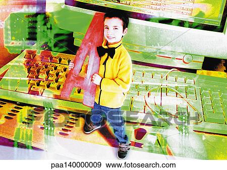 Stock Illustration - Young boy holding oversized letter, standing next to computer, digital composite.. Fotosearch
