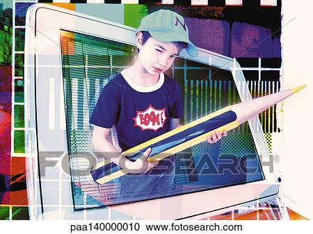 Young boy holding oversized pencil, emerging from computer monitor, digital composite. View Large Illustration Clipart - Young boy holding oversized pencil, emerging from computer monitor, digital composite.. Fotosearch