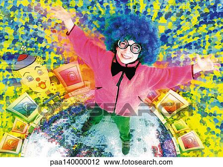Young boy smiling in cyberspace, arms extended, digital composite. View Large Illustration Drawing - Young boy smiling in cyberspace, arms extended, digital composite.. Fotosearch