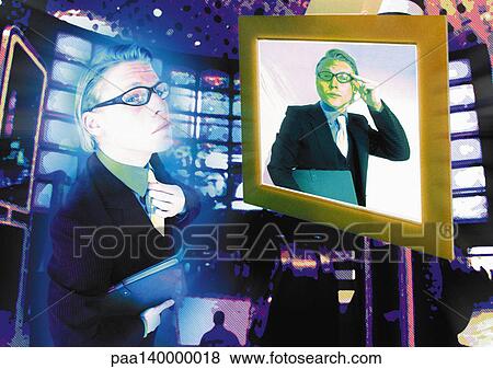 Young businessman standing in front of computer monitor, same man on screen, digital composite. View Large Illustration Stock Illustration - Young businessman standing in front of computer monitor, same man on screen, digital composite.. Fotosearch