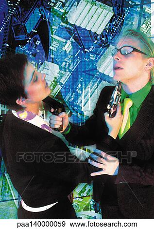 Young couple pointing guns at each other, digital composite. View Large Illustration Stock Illustration - Young couple pointing guns at each other, digital composite.. Fotosearch