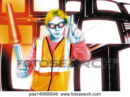 Young crossing guard standing in front of monitors, pointing, digital composite. View Large Illustration Stock Illustration - Young crossing guard standing in front of monitors, pointing, digital composite. . Fotosearch
