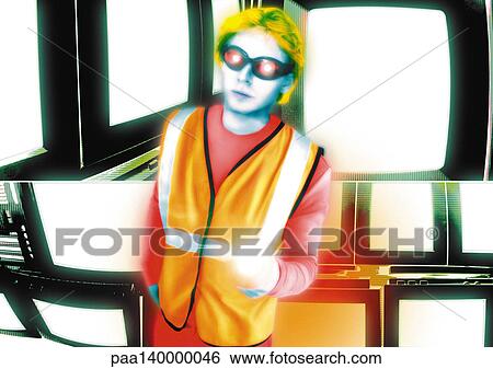 Young crossing guard standing in front of monitors, digital composite. View Large Illustration Stock Illustration - Young crossing guard standing in front of monitors, digital composite.. Fotosearch