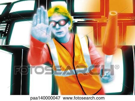 Stock Illustration - Young crossing guard standing in front of monitors, hand out toward camera, digital composite.. Fotosearch