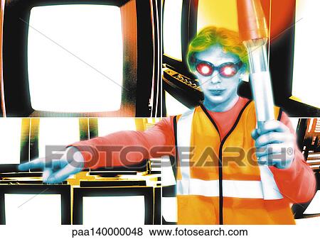 Stock Illustration - Young crossing guard standing in front of monitors, pointing, digital composite.. Fotosearch
