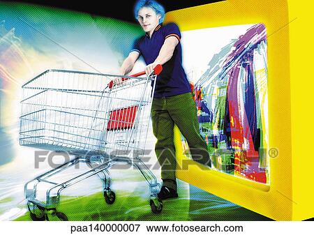 Stock Illustration - Young man emerging from computer monitor, pushing shopping cart, digital composite.. Fotosearch